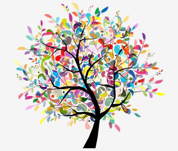 colorful tree with vibrant leaves representing nature and creativity featuring 11 bright colors