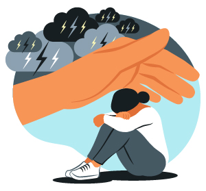 illustration of a person sitting on the ground with their head down covered by a large hand representing protection from six dark clouds with lightning to symbolize anxiety and support